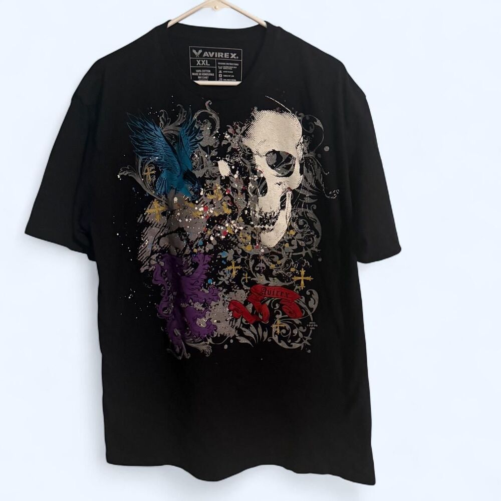 Avirex shirt men XXL black skull bird gothic banner graphic